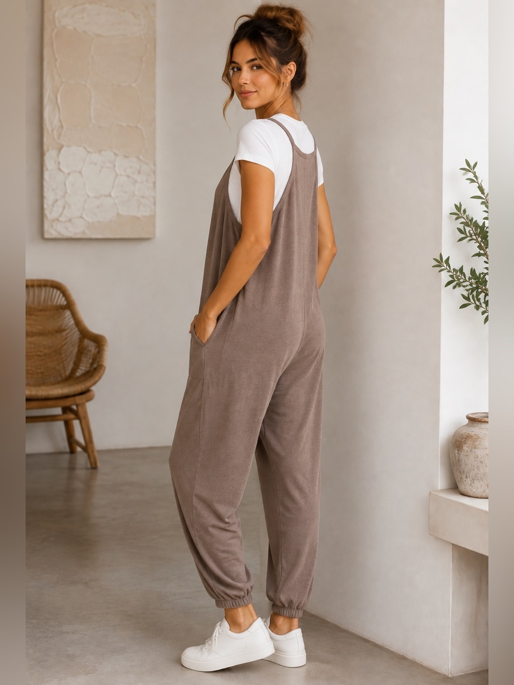 Sundry Brown Slouchy Jumpsuit White Tee Set Relaxed Jogger Comfy Lounge NWT S - Picture 4 of 15